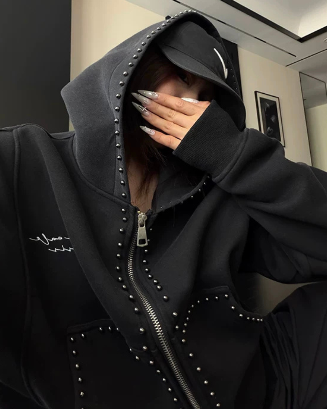 Studded Design Hooded Zip Jacket YLS1033