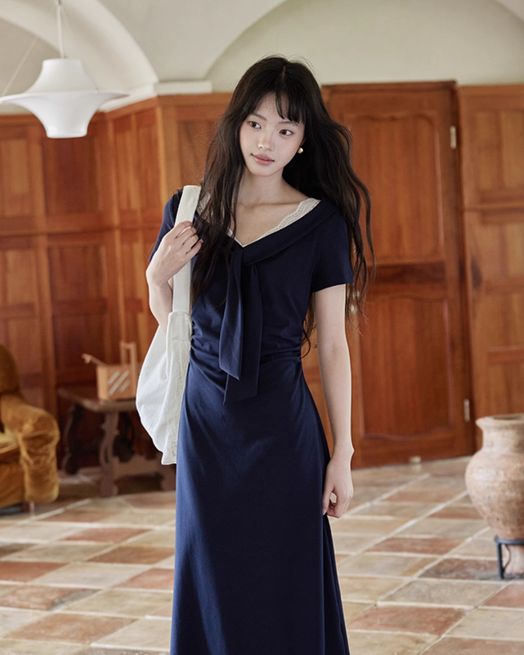 V-neck Navy Blue Dress SMS0025
