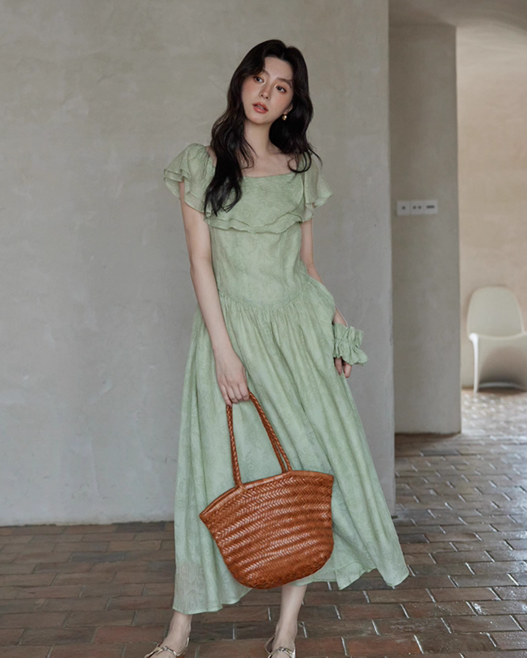 Frill Collar Green Long Dress SMS0012