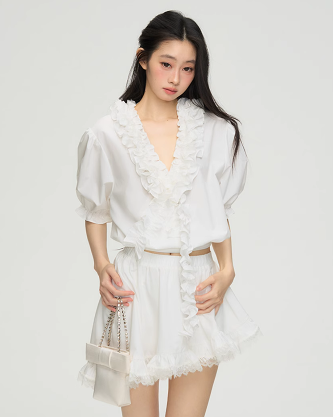 V-Neck Cream Lace Top / Asymmetrical Lace Skirt PUC0014