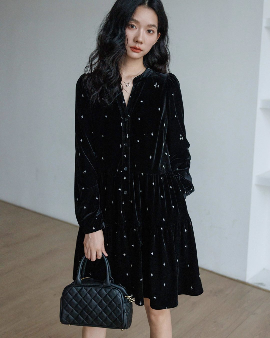 French Star Embroidery Velvet Dress VAS0128