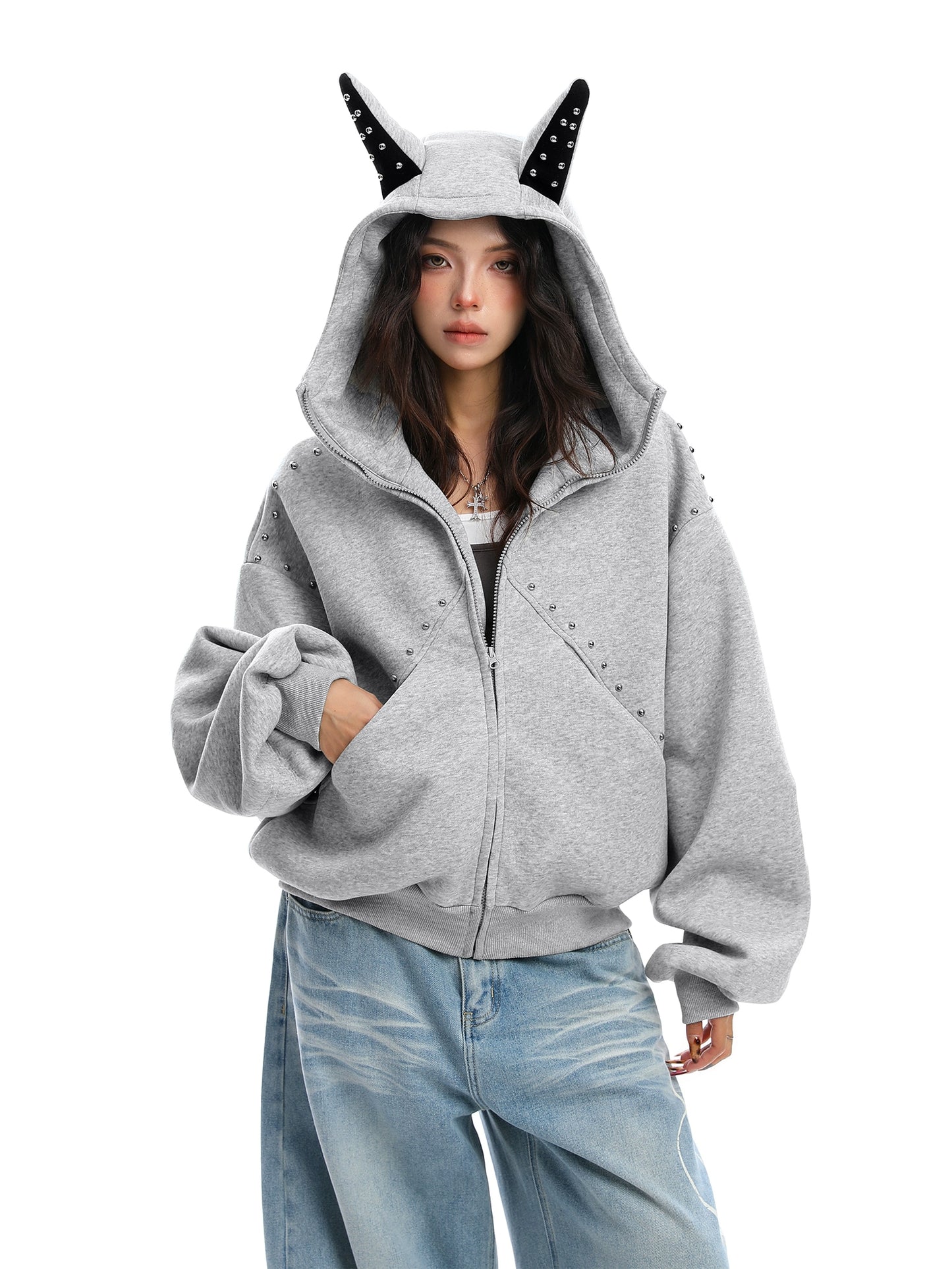 Ear Design Studded Hoodie BGS0022