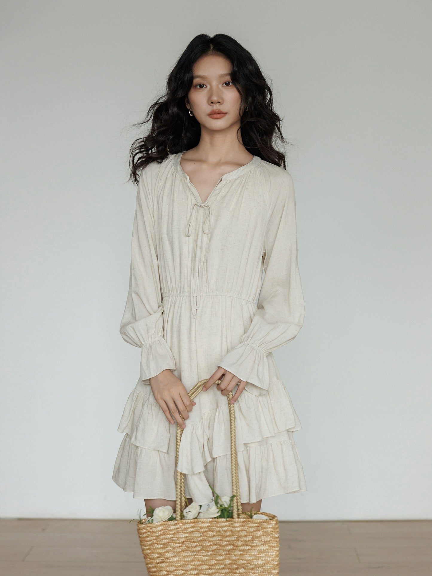 Round Neck Linen Long Sleeve Dress VAS0152