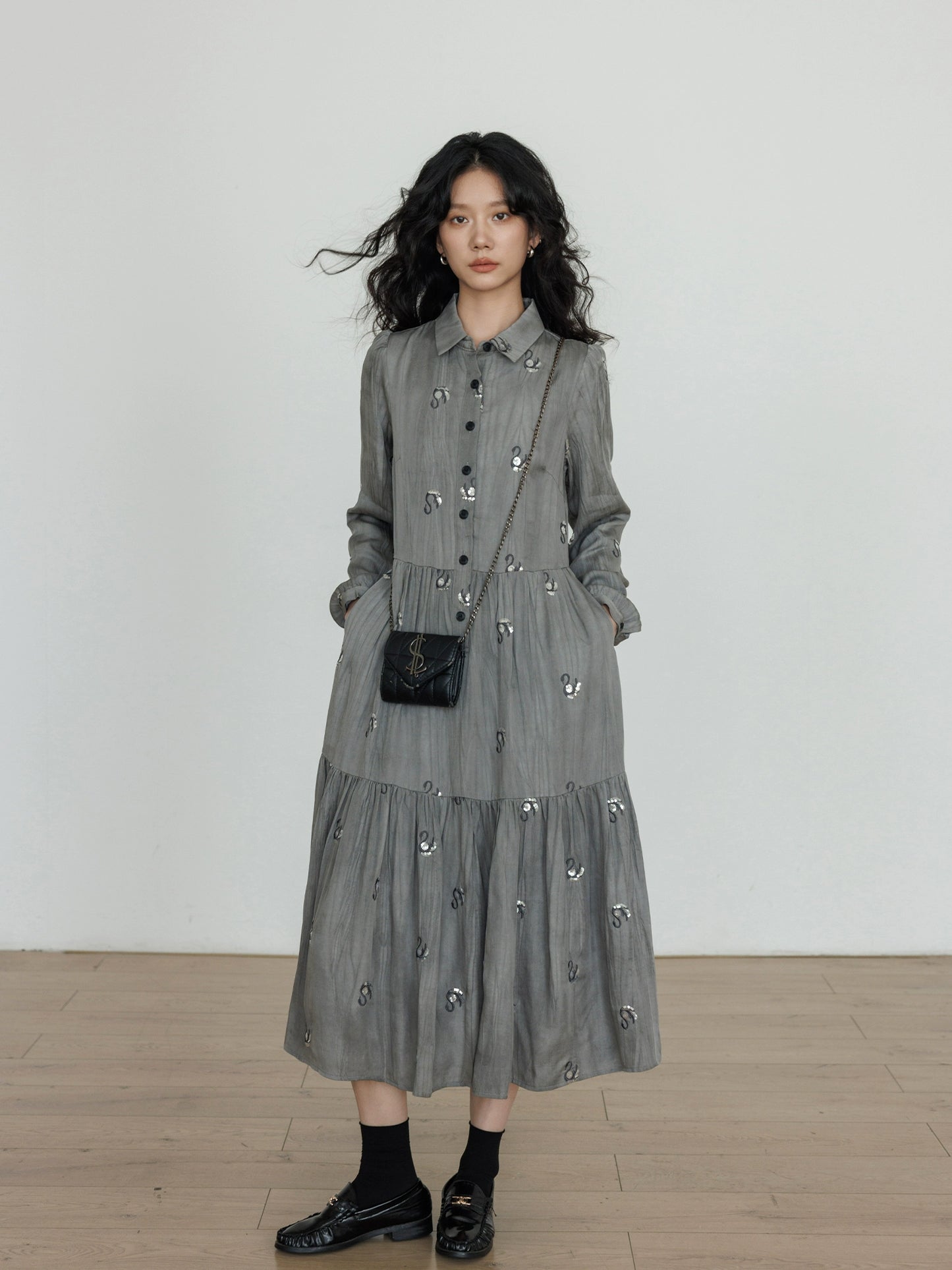 Long-Sleeve Shirt Flare Long Dress VAS0159