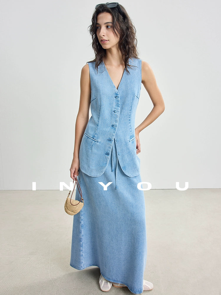 V-Neck Denim Vest / Denim Long Skirt IWY0017