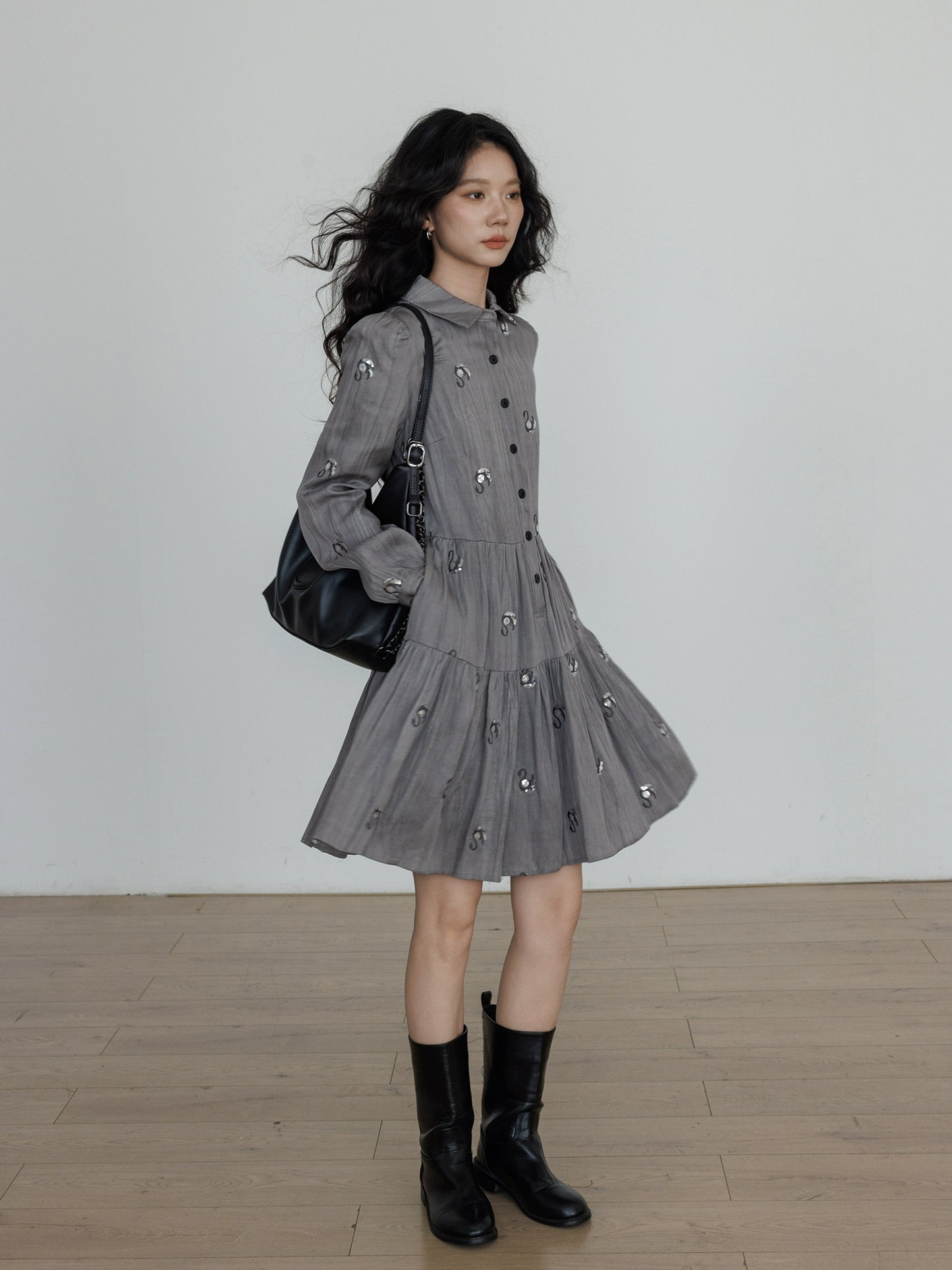 Long-Sleeve Shirt Flare Dress VAS0157