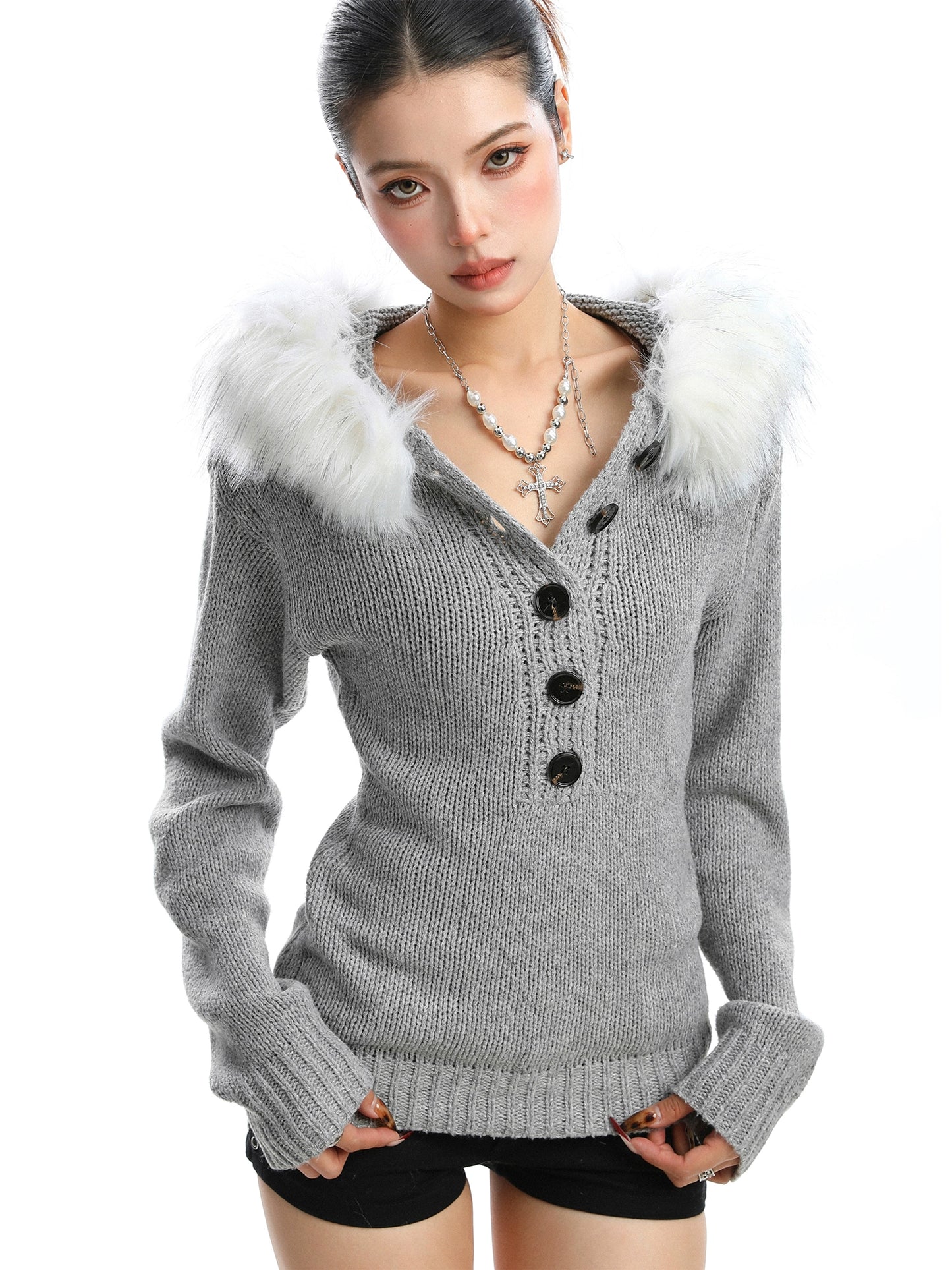 Fur Hood Half Button Knit BGS0014