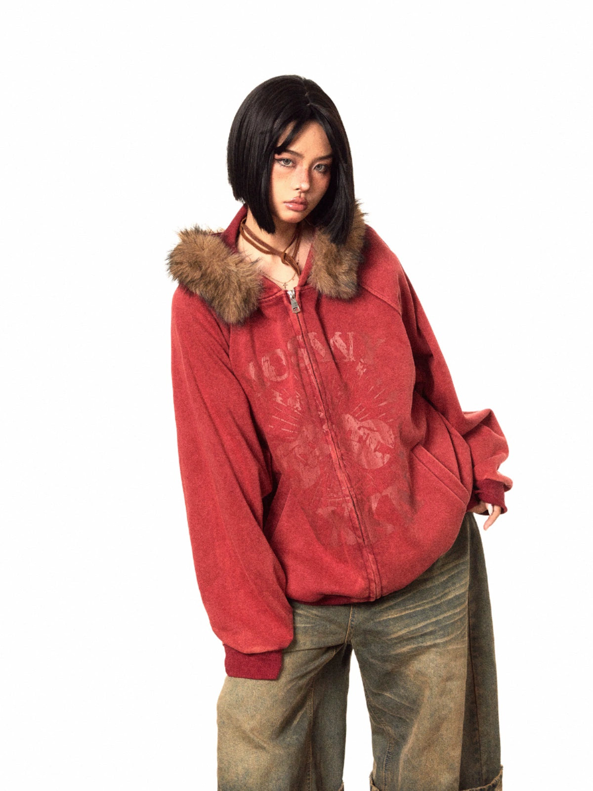 Fur Hood Zip-Up Hoodie BLB0007