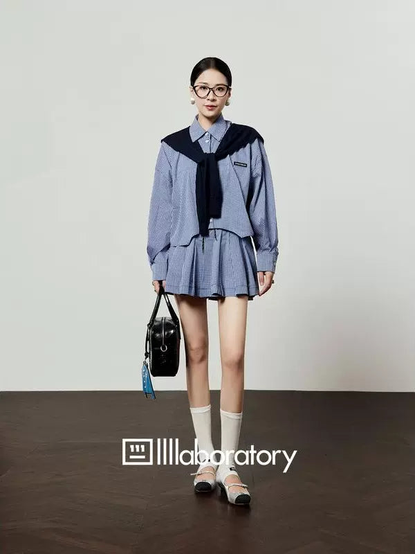 Blue Check Long Sleeve Shirt / Relaxed Mini Skirt LLA0513