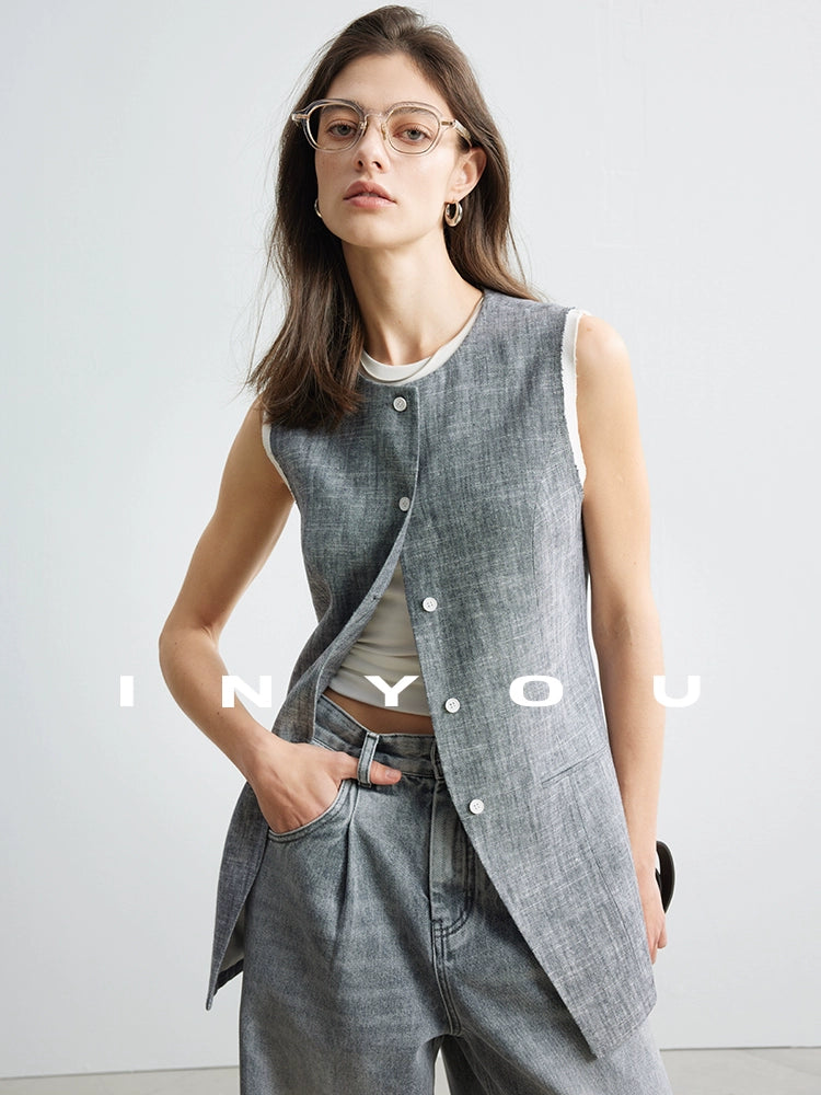 Cotton Linen No-Collar Vest IWY0004