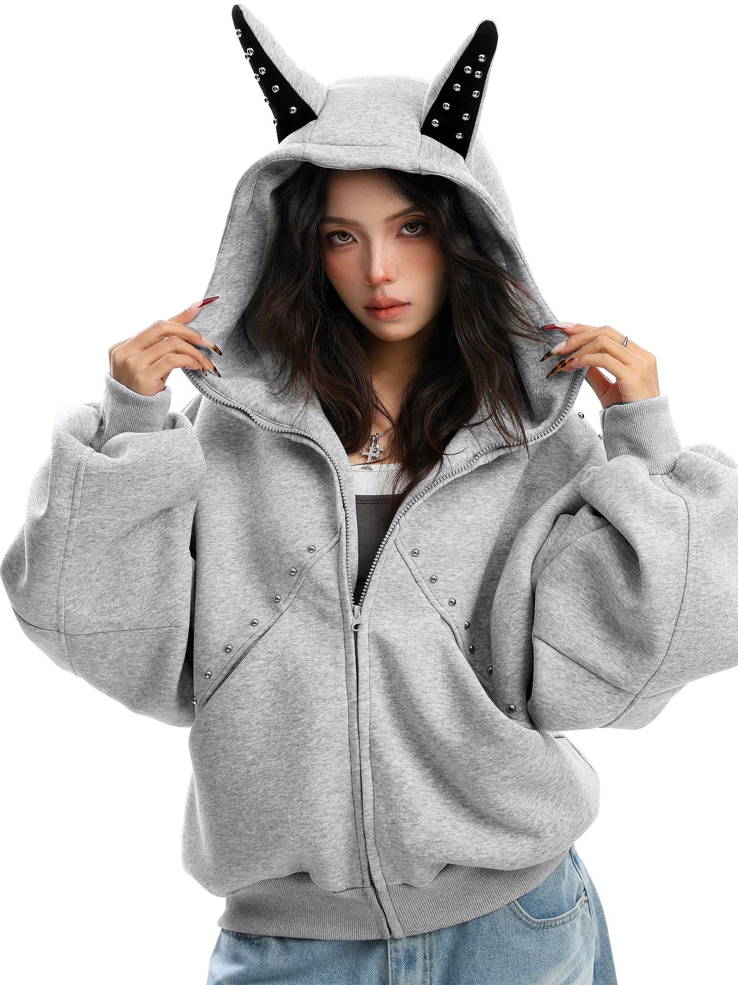 Ear Design Studded Hoodie BGS0022