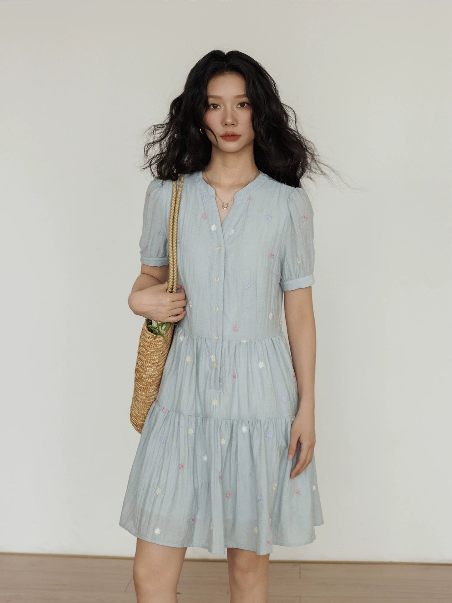 Flower Embroidery Tiered Mini Dress VAS0020