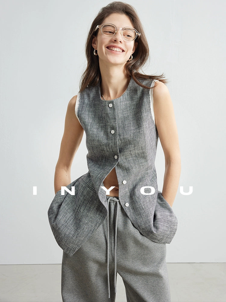 Cotton Linen No-Collar Vest IWY0004