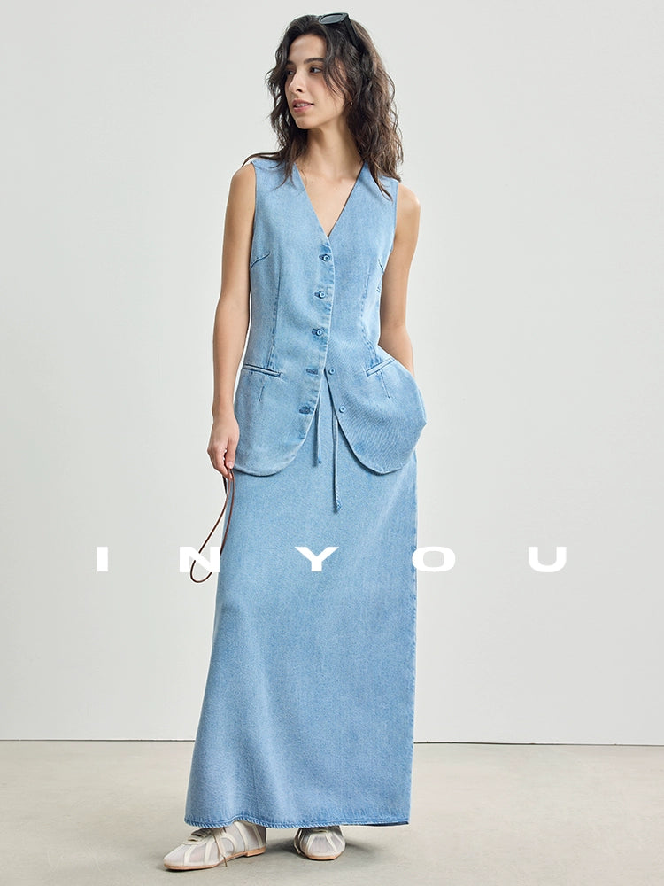 V-Neck Denim Vest / Denim Long Skirt IWY0017