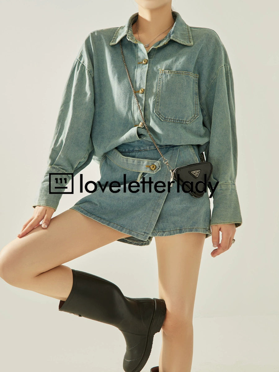 Denim Blue Loose Shirt / Mini Skirt LLA0313