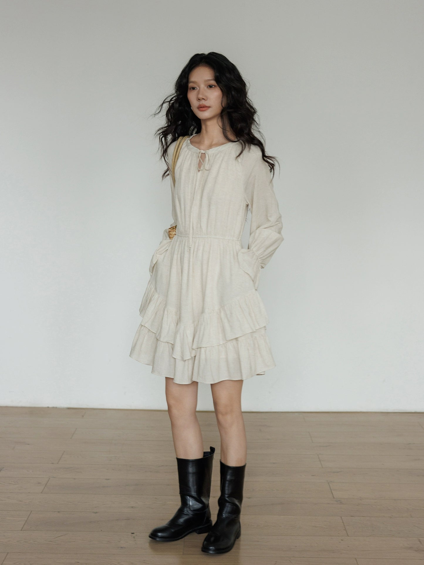 Round Neck Linen Long Sleeve Dress VAS0152