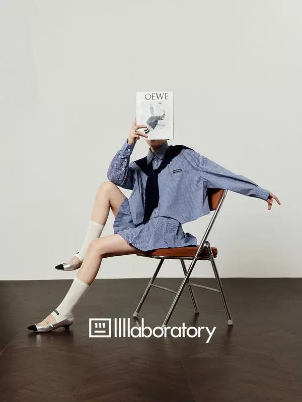 Blue Check Long Sleeve Shirt / Relaxed Mini Skirt LLA0513
