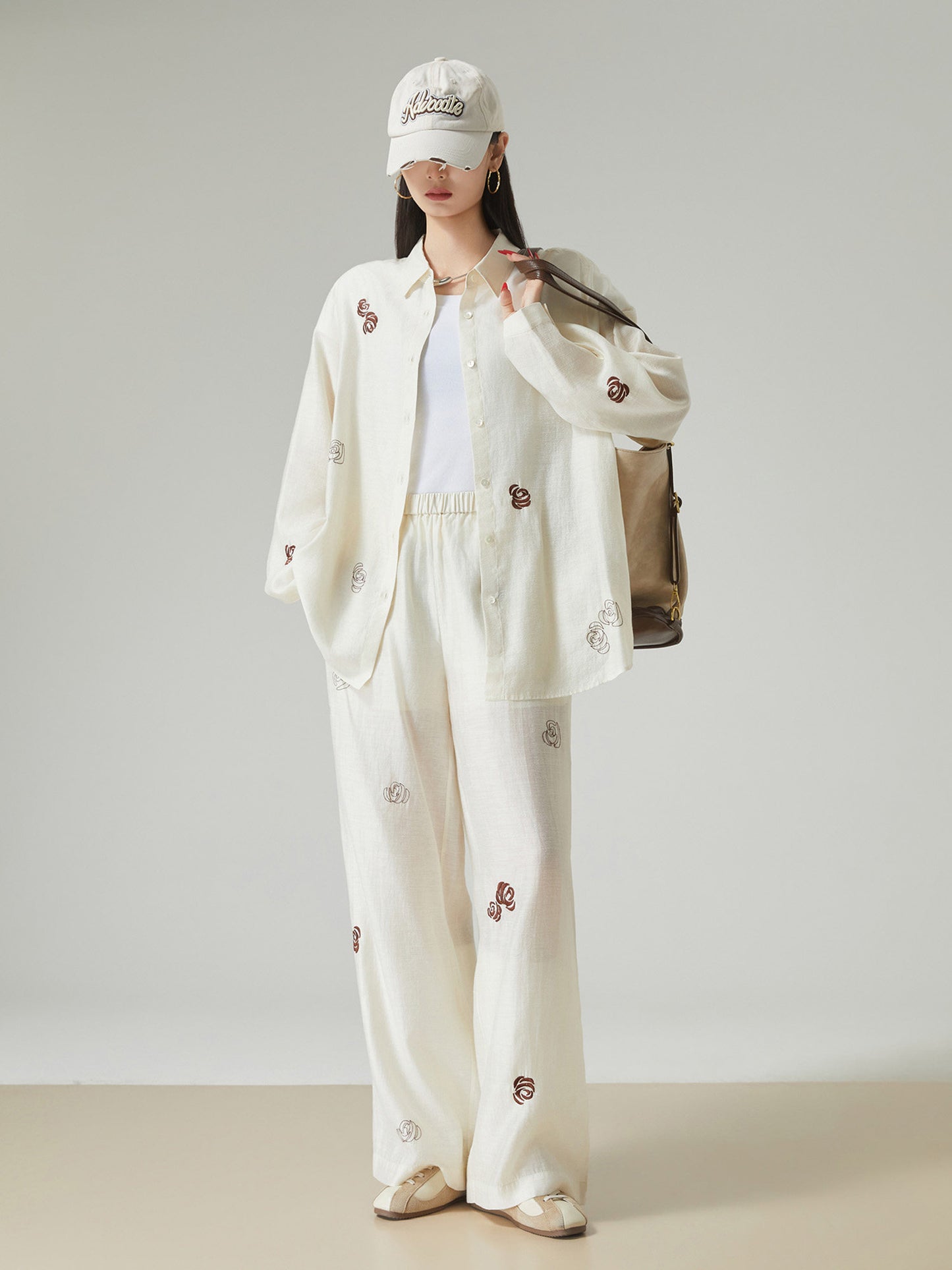Rose Embroidered Long-Sleeve Shirt / Wide Pants FER0101