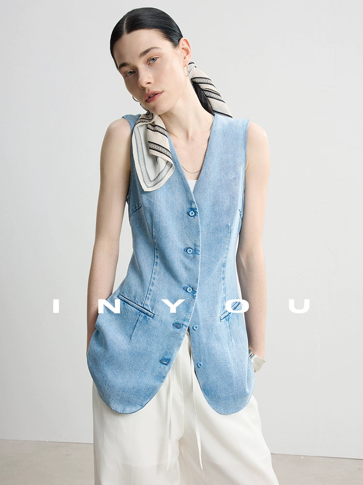 V-Neck Denim Vest / Denim Long Skirt IWY0017