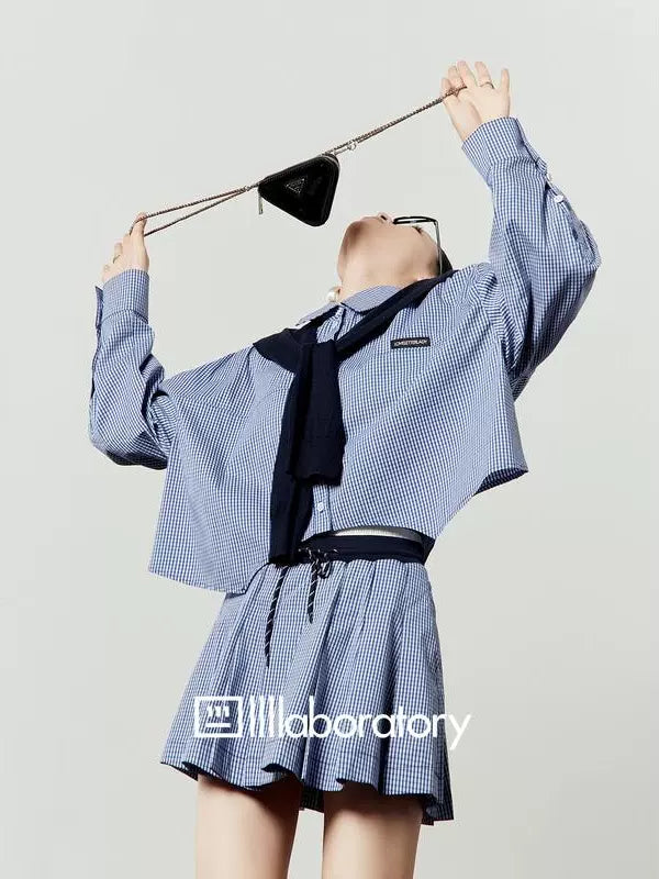 Blue Check Long Sleeve Shirt / Relaxed Mini Skirt LLA0513