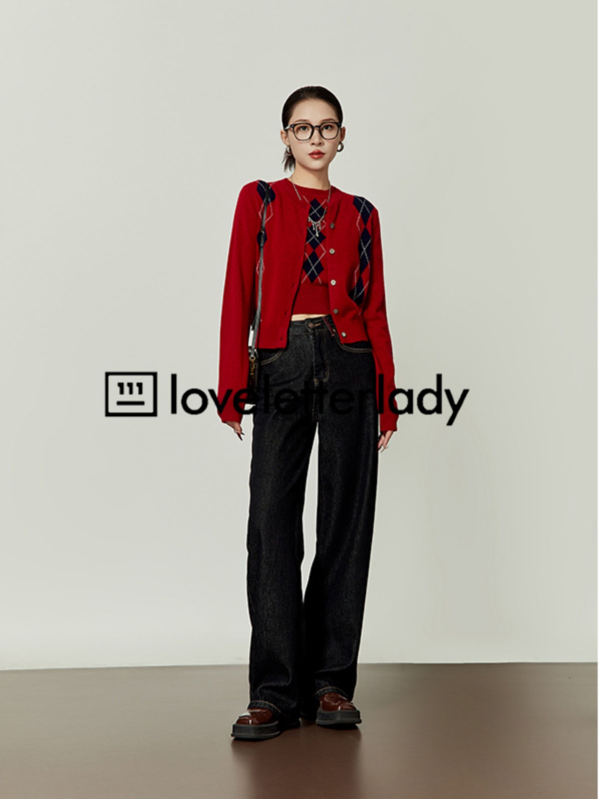 Argyle Pattern Slim Knit Top / Knit Cardigan LLA0416