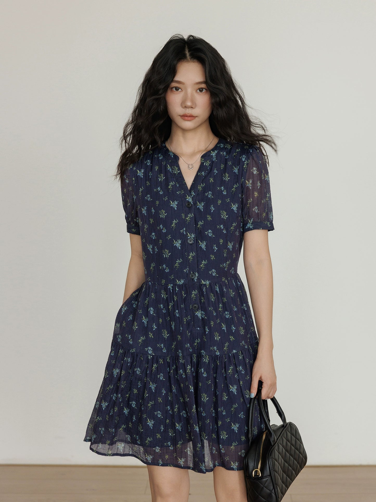 French Floral Retro V-Neck Dress VAS0015