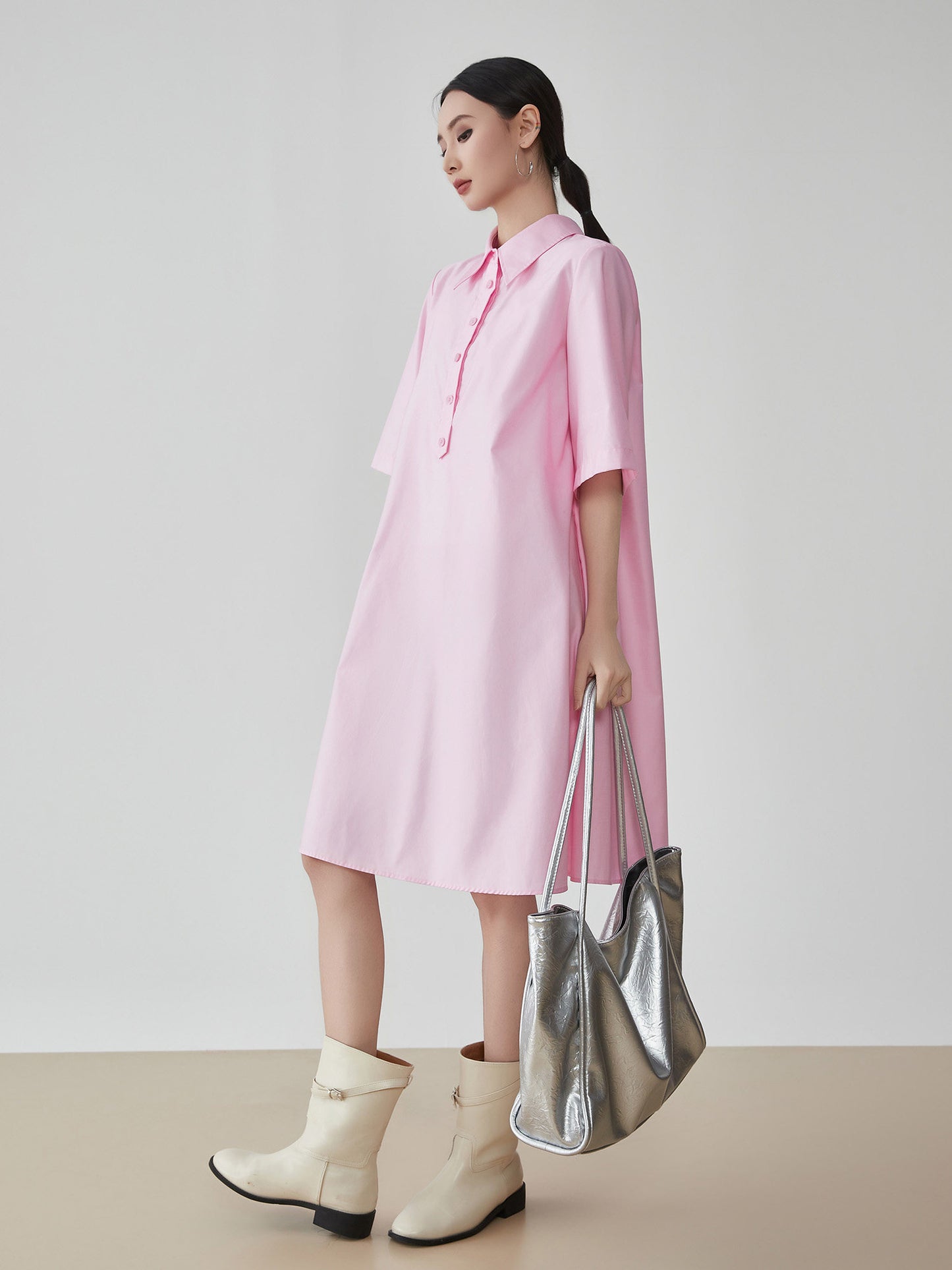Pink Short-Sleeve Shirt Dress FER0175