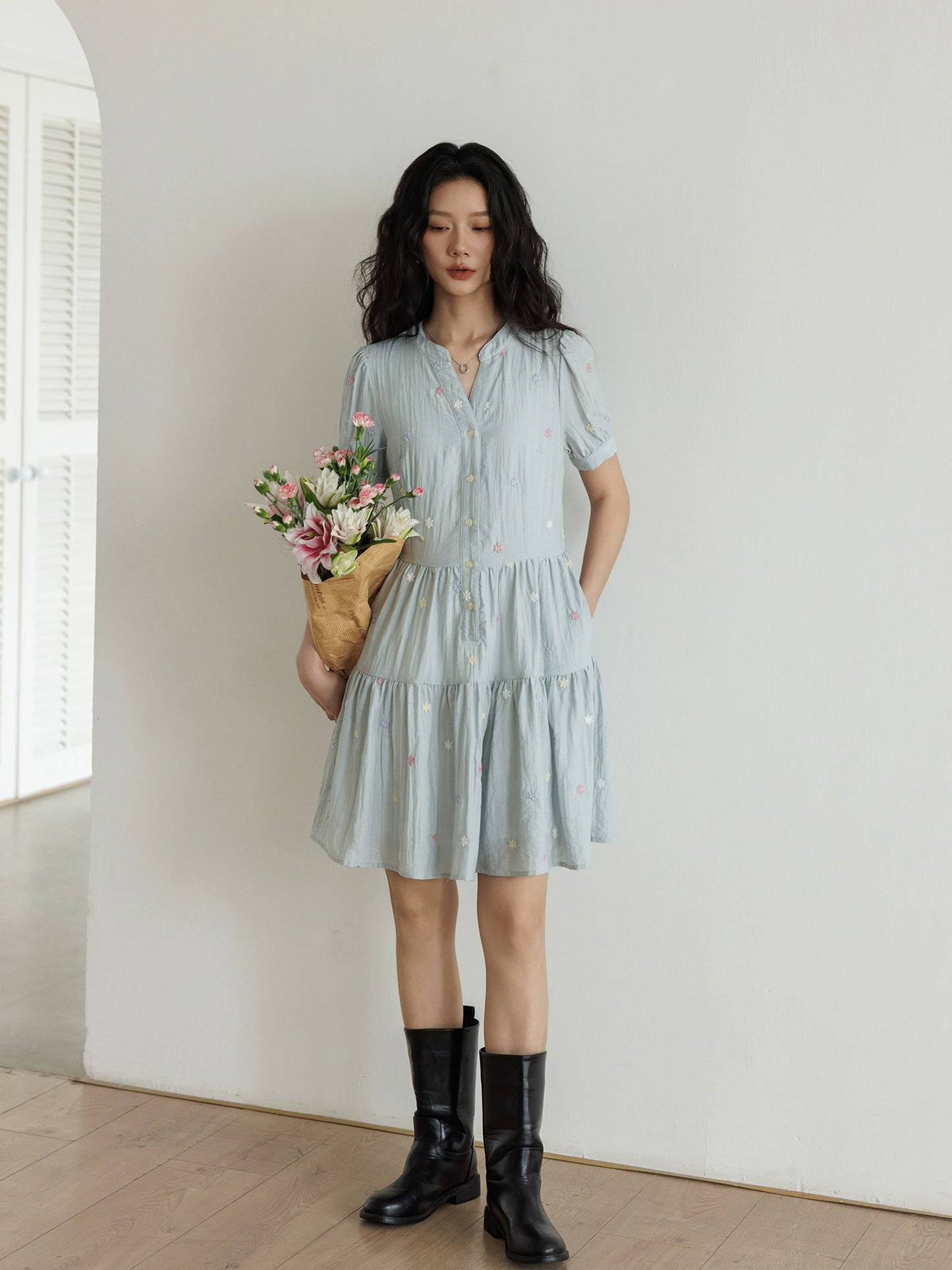 Flower Embroidery Tiered Mini Dress VAS0020