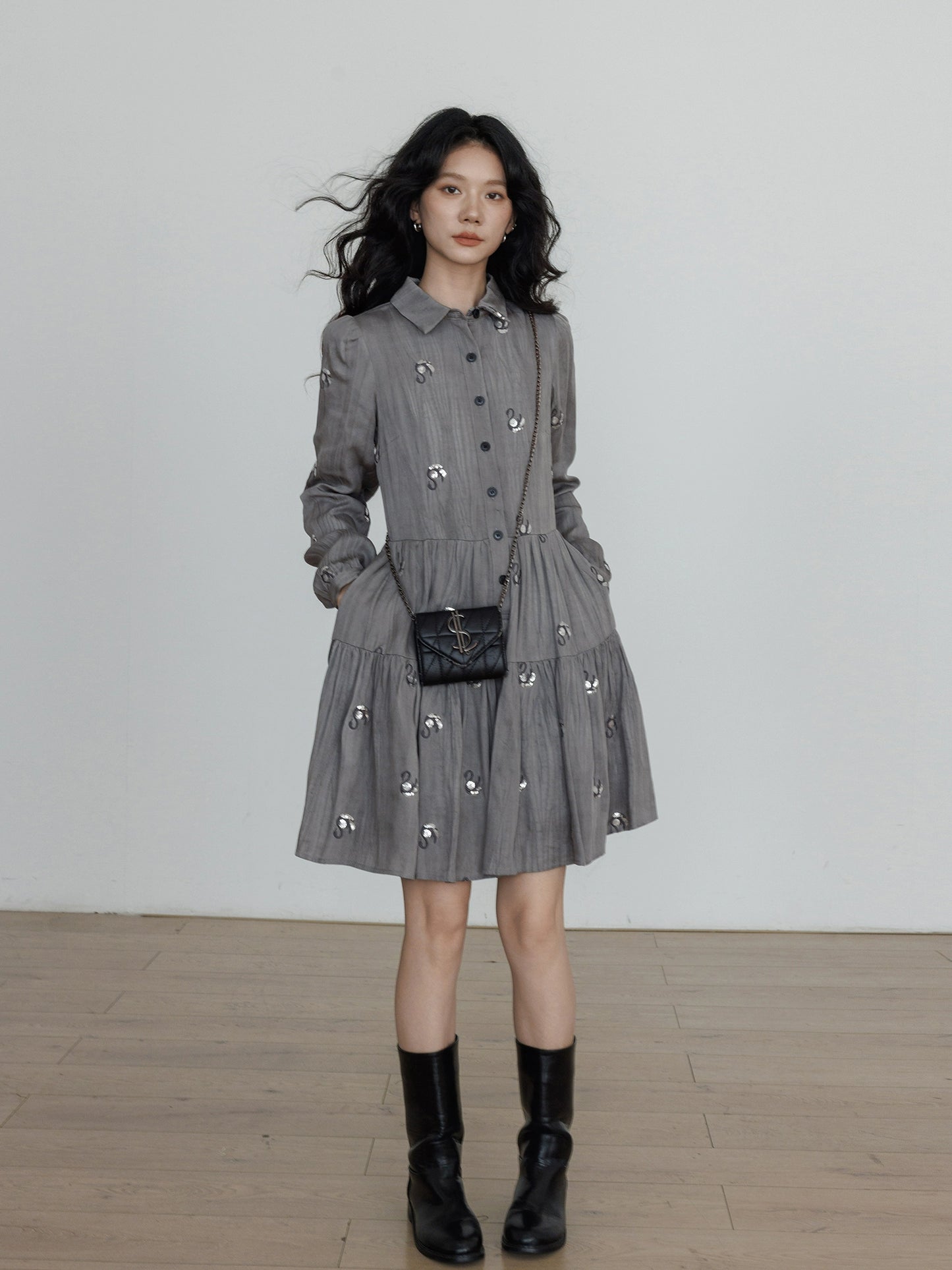 Long-Sleeve Shirt Flare Dress VAS0157