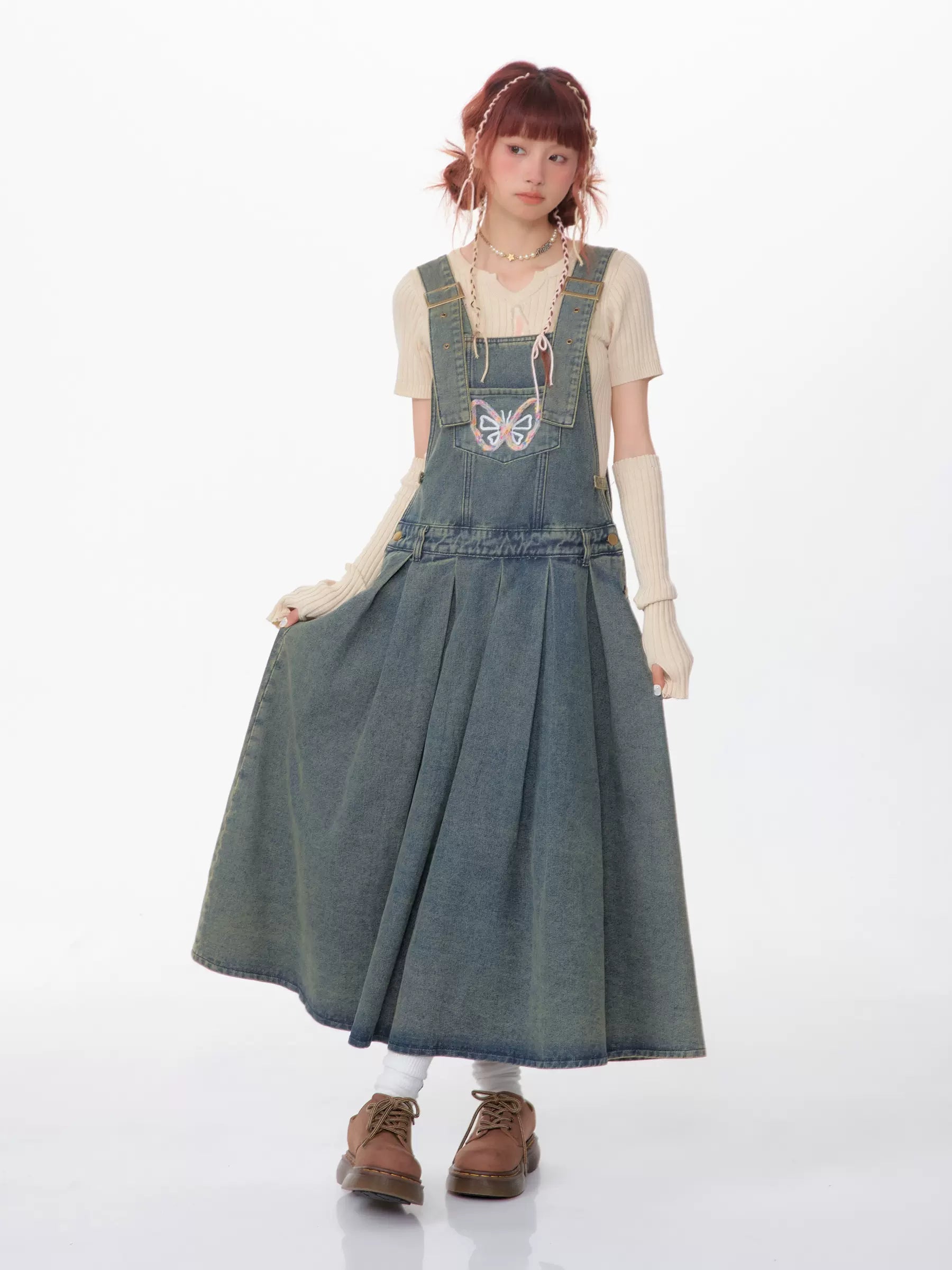 Butterfly Denim Salopette Skirt ZZF0355 AuroraBoutique Butterfly Denim Salopette Skirt ZZF0355 AuroraBoutique