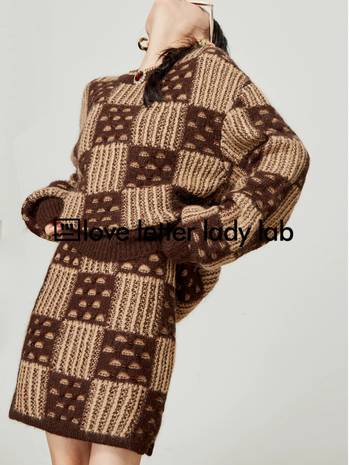 Checker Board Crewneck Knit / Tight Mini Skirt LLA0356