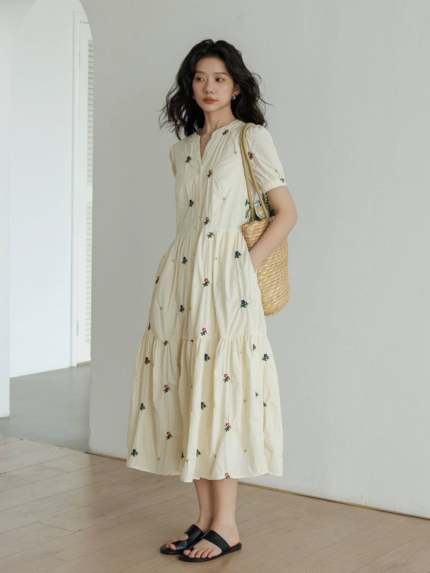 Apricot Flower Embroidery Tiered Long Dress VAS0022