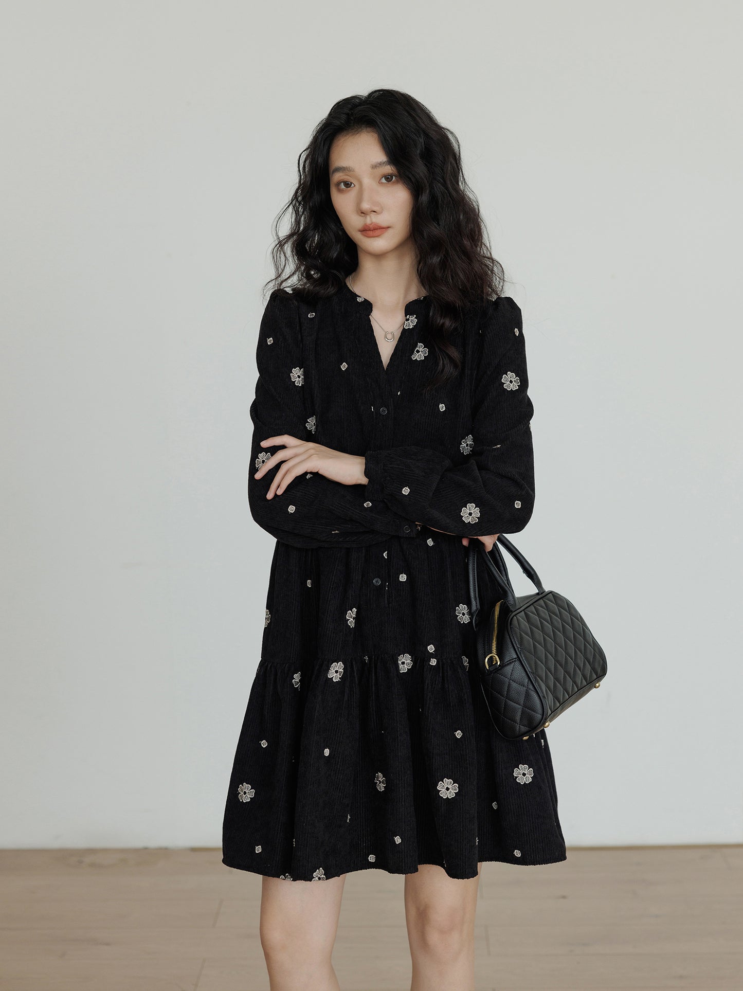 V-Neck Flower Embroidered Dress VAS0001
