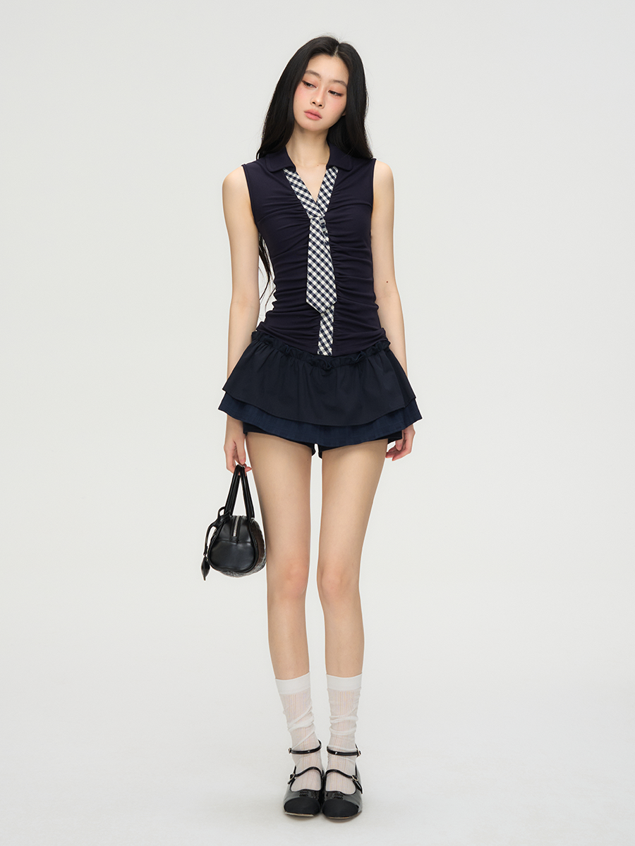 Navy Blue Double Layer Skirt PUC0017