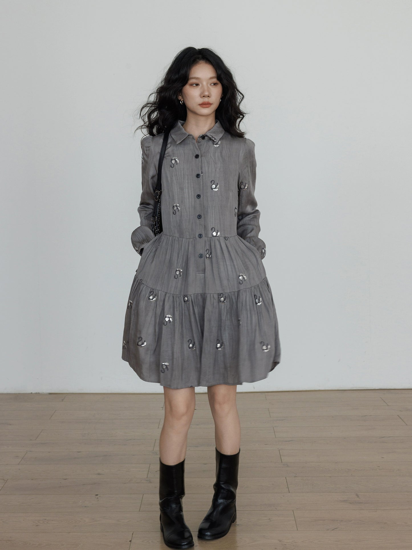 Long-Sleeve Shirt Flare Dress VAS0157