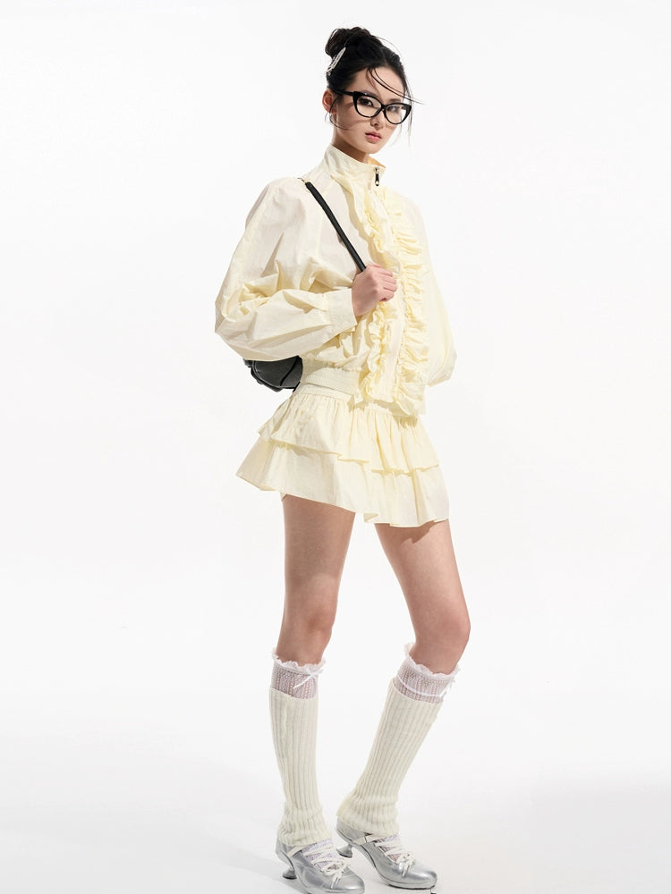 Stand Collar Ruffle Jacket / Ruffle Mini Skirt TUW0002