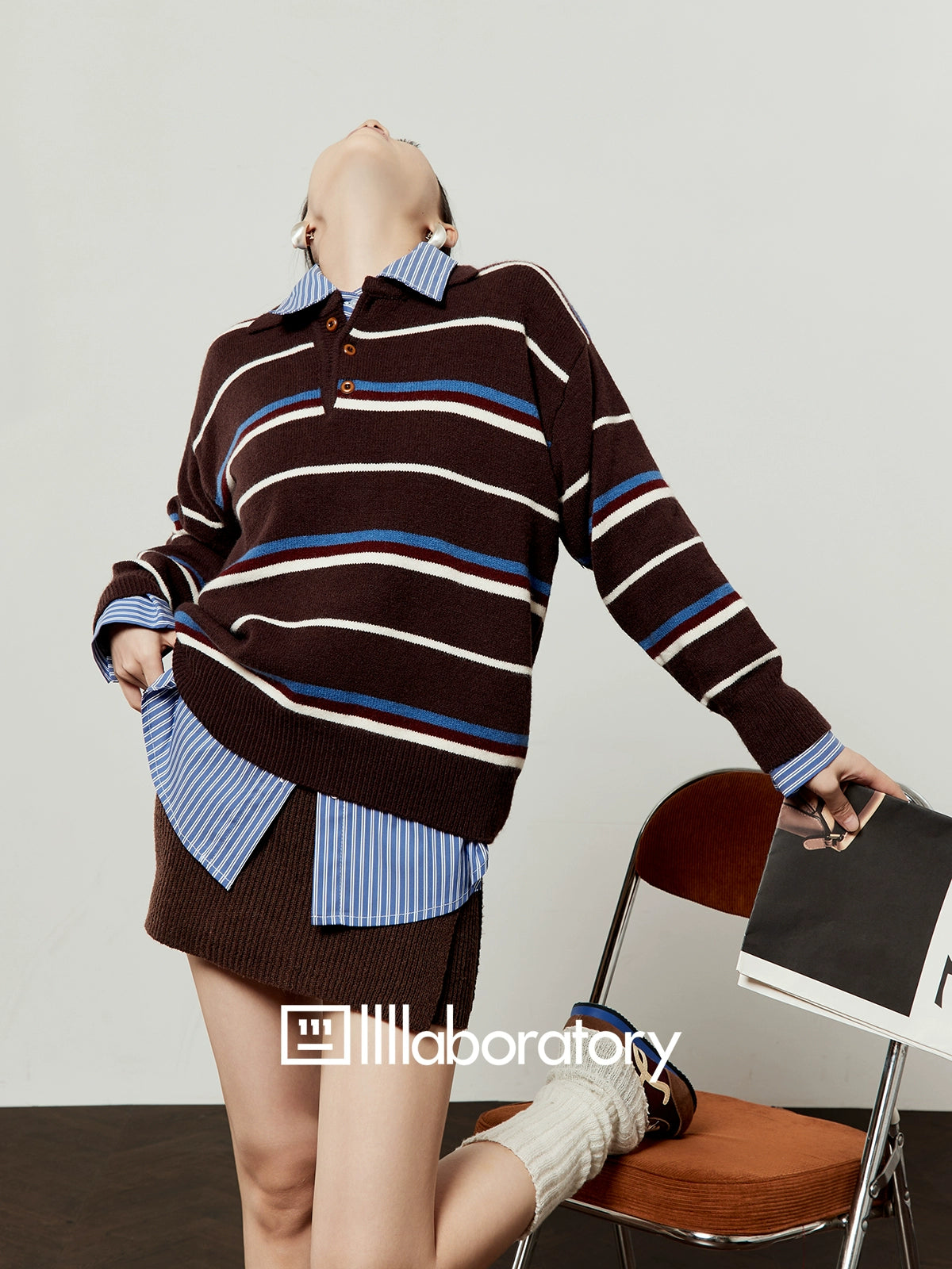 Polo Collar Coffee Knit/Blue Striped Shirt/Brown Knit Skirt LLA0540