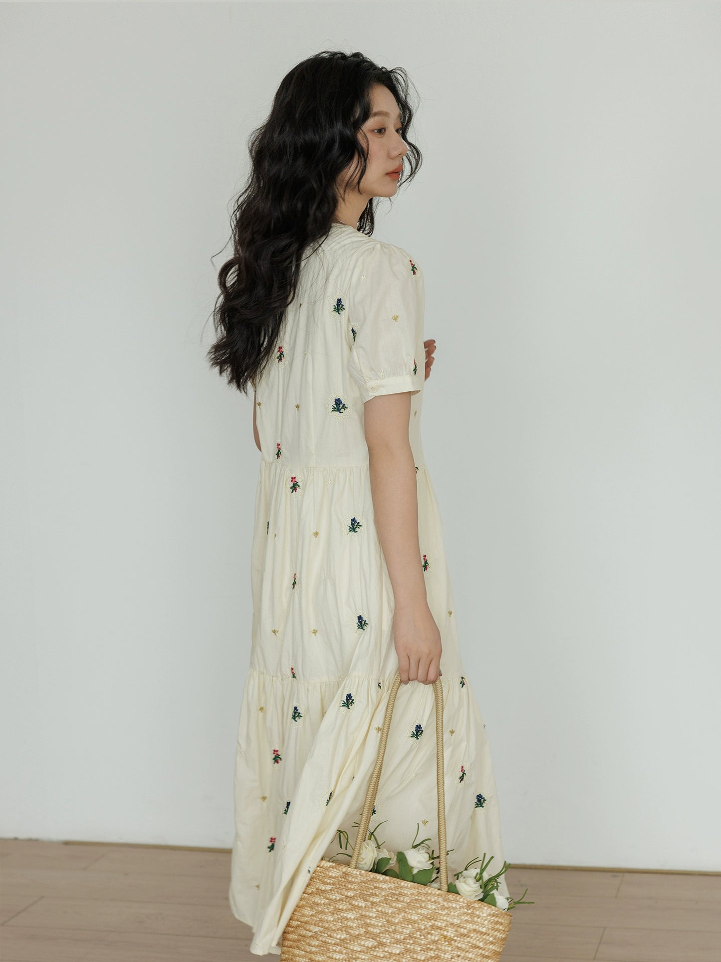 Apricot Flower Embroidery Tiered Long Dress VAS0022