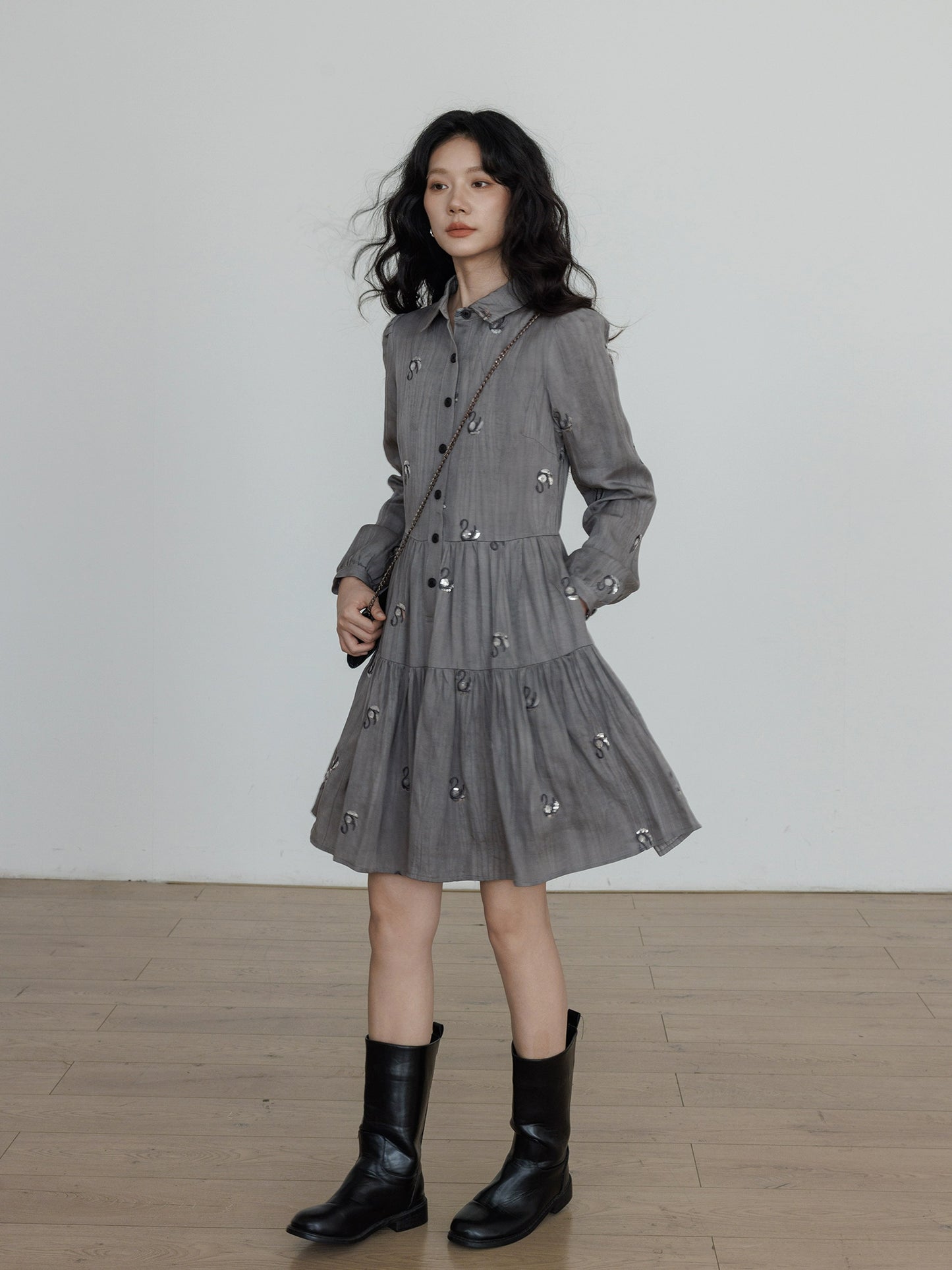 Long-Sleeve Shirt Flare Dress VAS0157