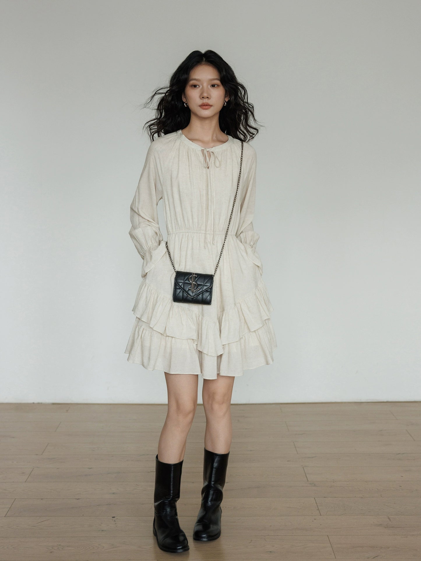 Round Neck Linen Long Sleeve Dress VAS0152