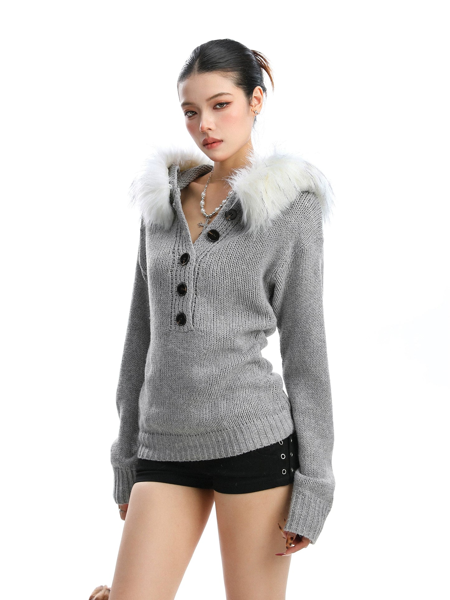 Fur Hood Half Button Knit BGS0014