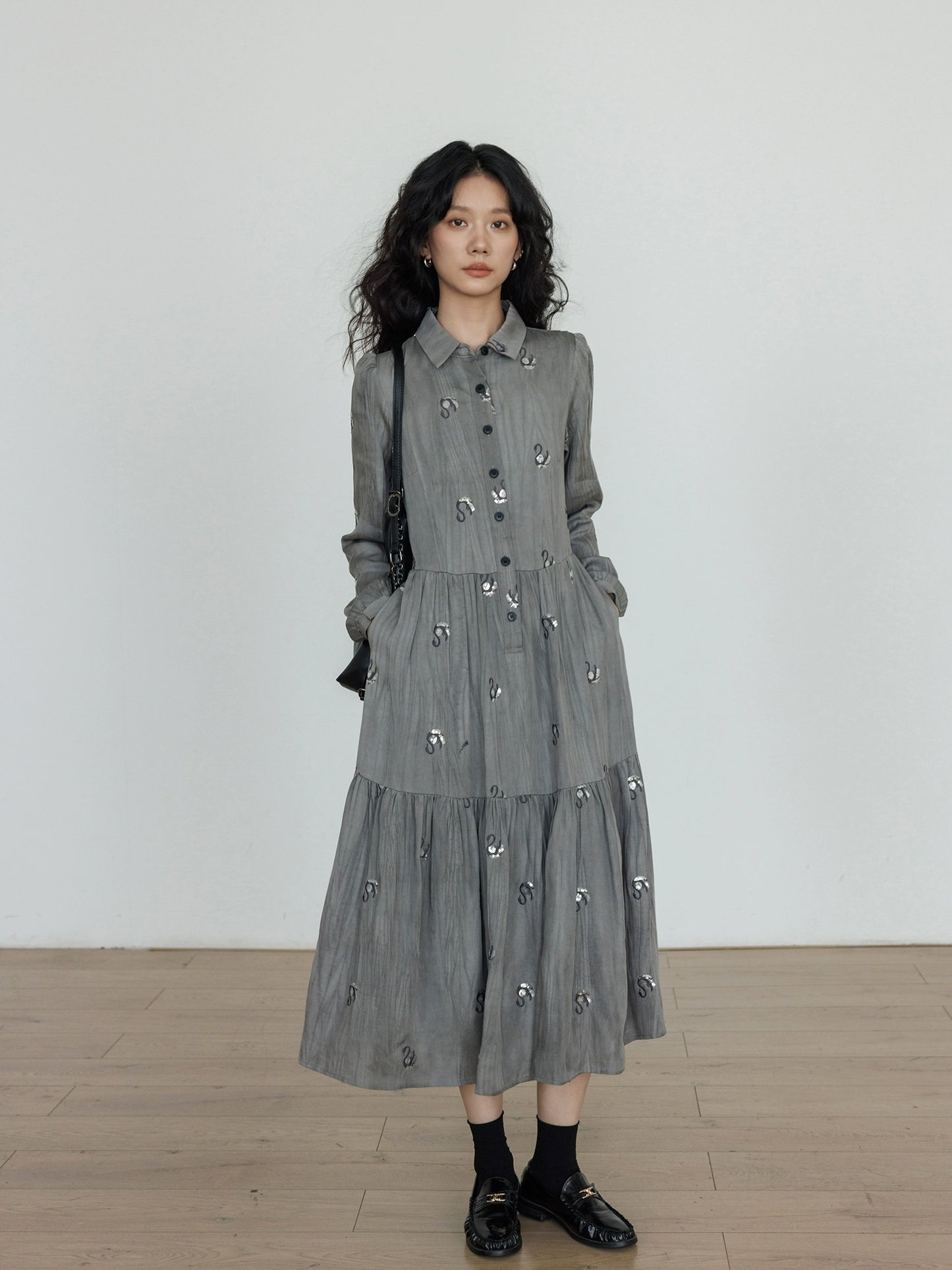 Long-Sleeve Shirt Flare Long Dress VAS0159