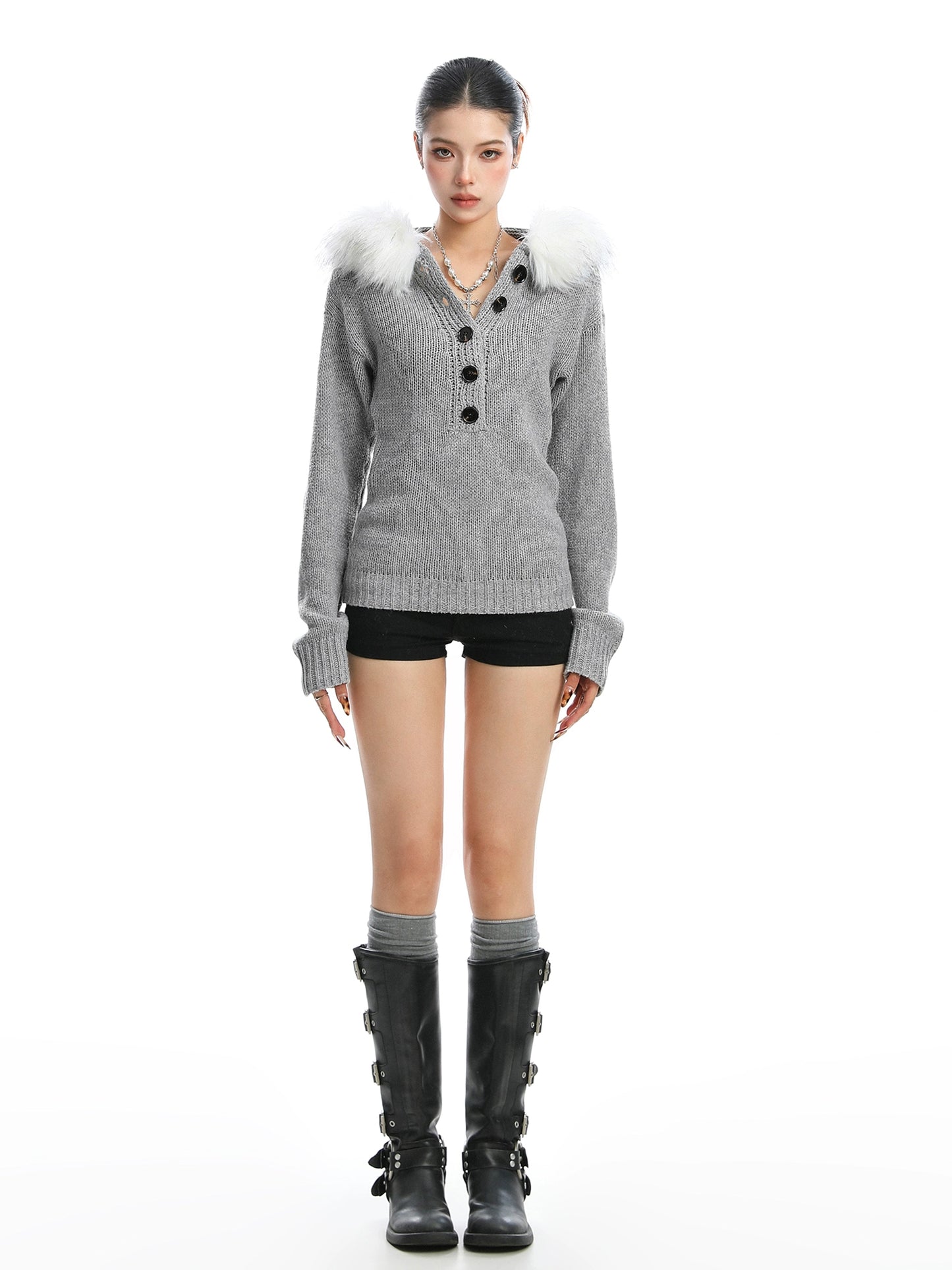 Fur Hood Half Button Knit BGS0014
