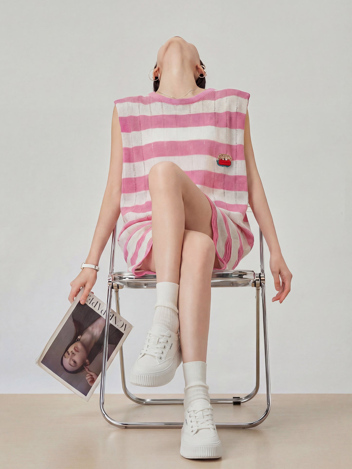 Pink Striped Sleeveless Knit Top / Shorts FER0326