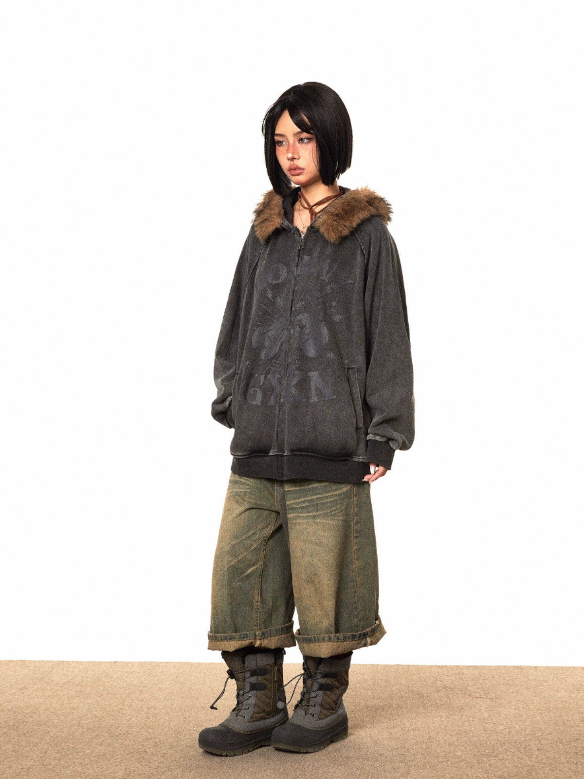 Fur Hood Zip-Up Hoodie BLB0007