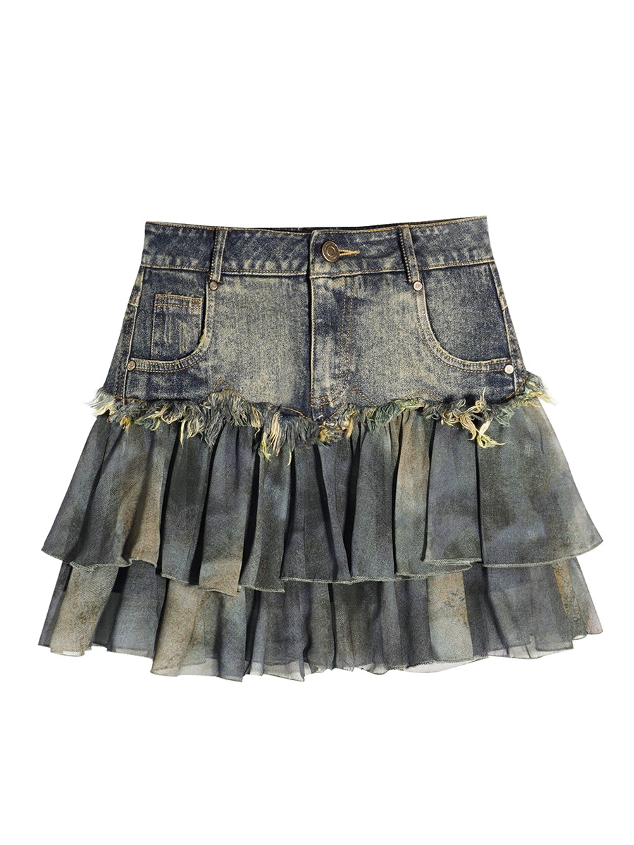 Vintage Lace Panelled Denim Skirt NIM0007