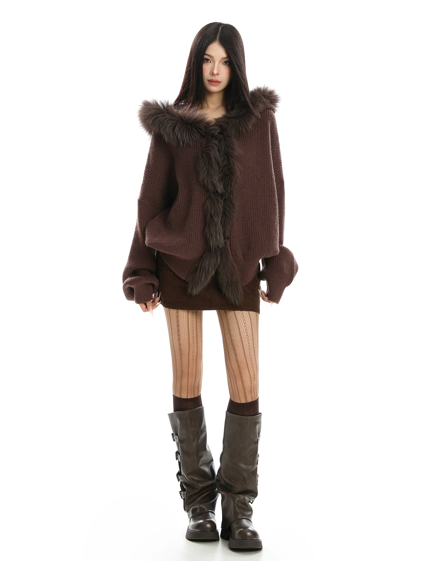 Fur Hood Zip Up Knit BGS0018