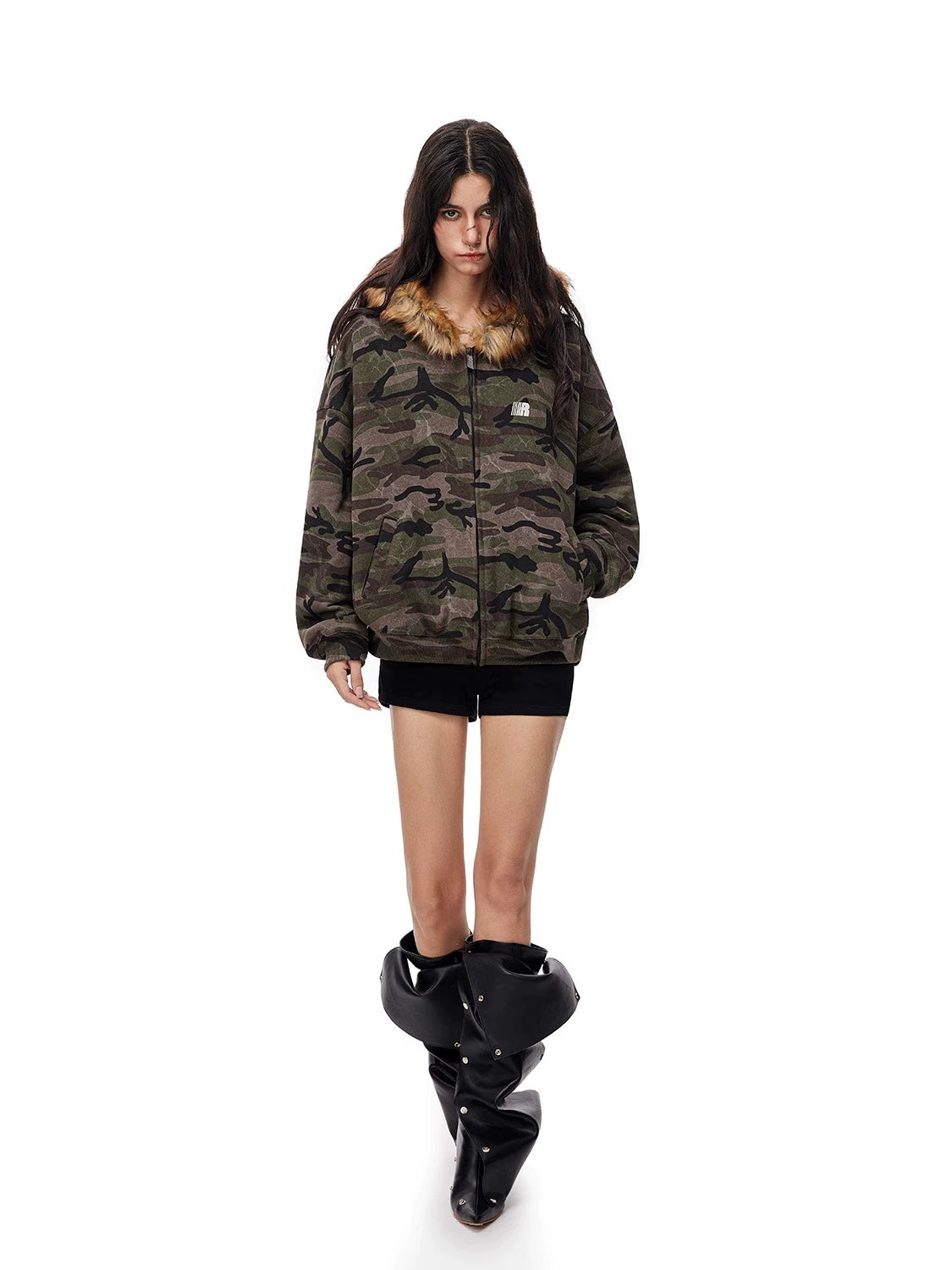 Camouflage Pattern Fur Collar Zip Jacket FDR0012