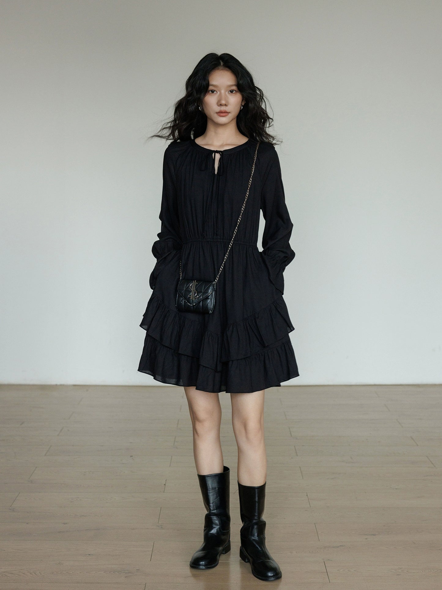 Round Neck Linen Long Sleeve Dress VAS0152