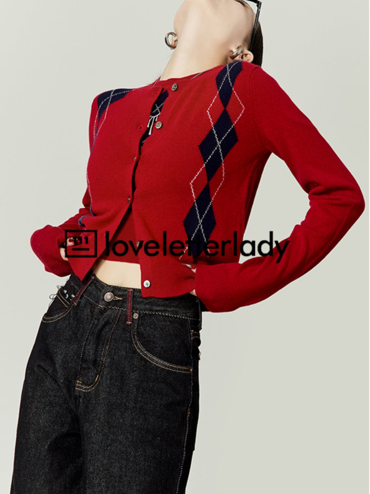 Argyle Pattern Slim Knit Top / Knit Cardigan LLA0416